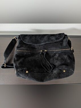 Elizabeth and James Black Suede Shoulder Bag with Gold Hardware